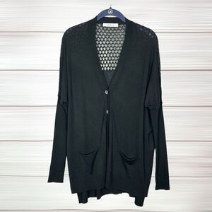 Kokun Cashmere Blend Black Lightweight Long Lace Back Cardigan V-neck Pocket M-L